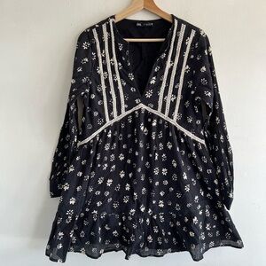 Zara Black Long-Sleeve Floral Embroidered Mini Dress